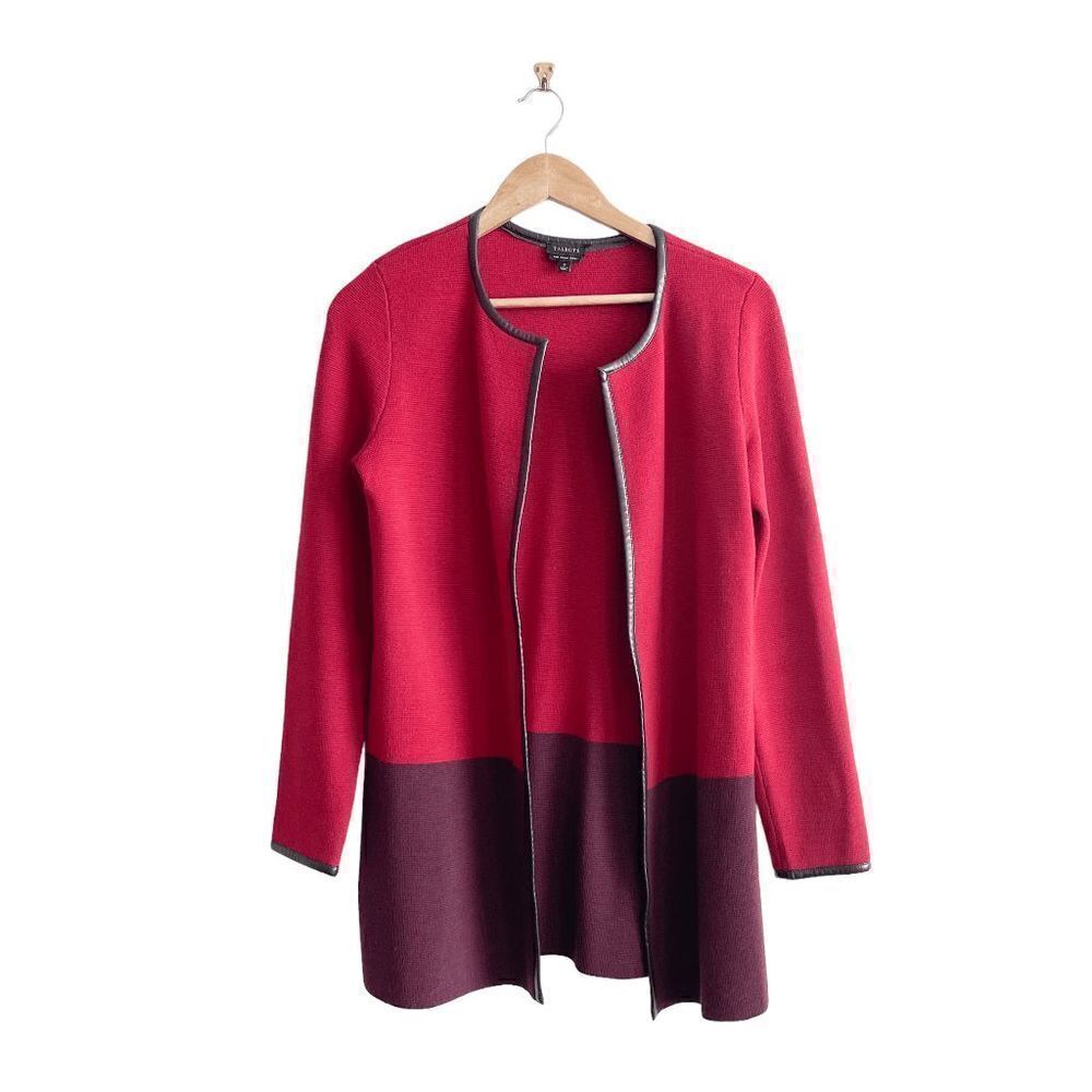 Talbots Women Cardigan Sweater Open Front  Merino Two Tone Red Small